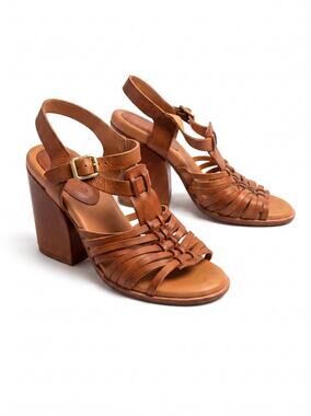 Korke-Ease Woman's 5 Brown Leather Pepper High Heel Strappy Fisherman Sandals